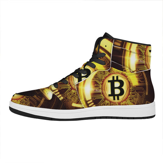 Bitcoin Crypto Symbol Print High Top Leather Sneakers