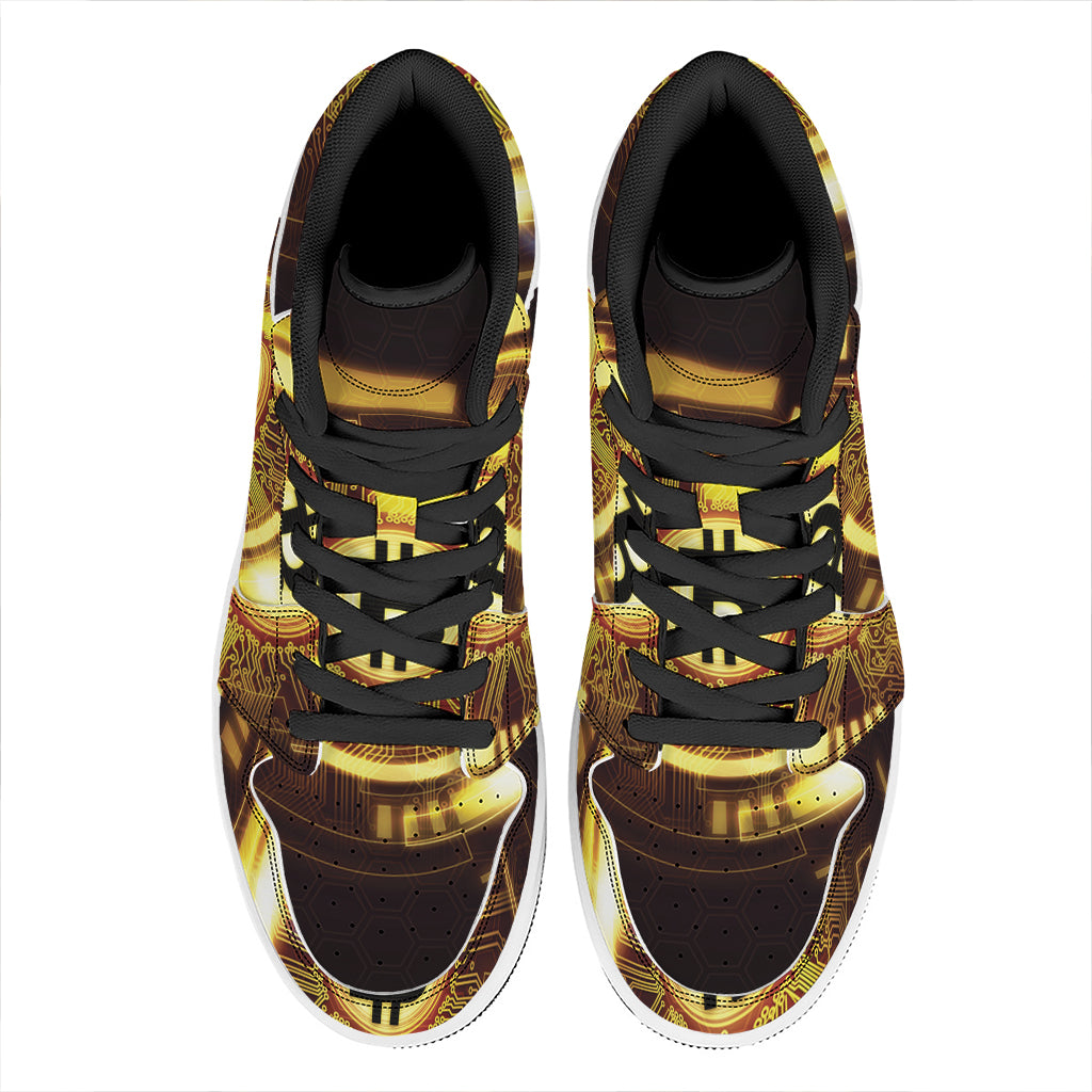Bitcoin Crypto Symbol Print High Top Leather Sneakers