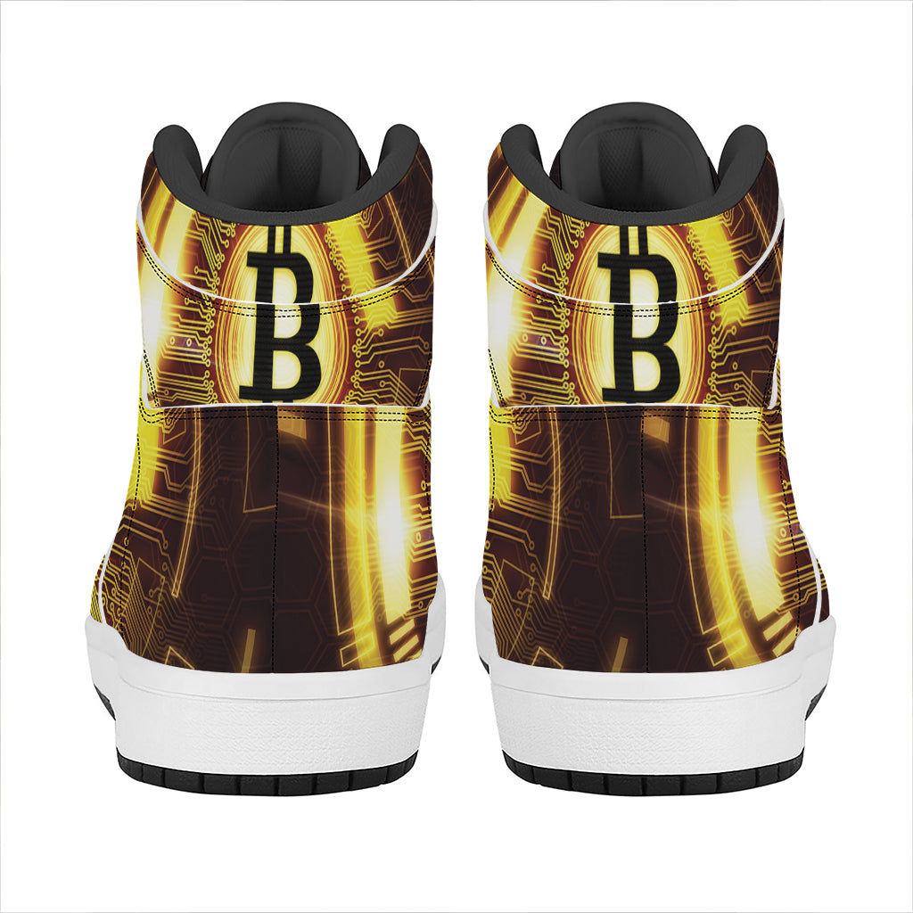 Bitcoin Crypto Symbol Print High Top Leather Sneakers