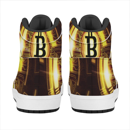 Bitcoin Crypto Symbol Print High Top Leather Sneakers