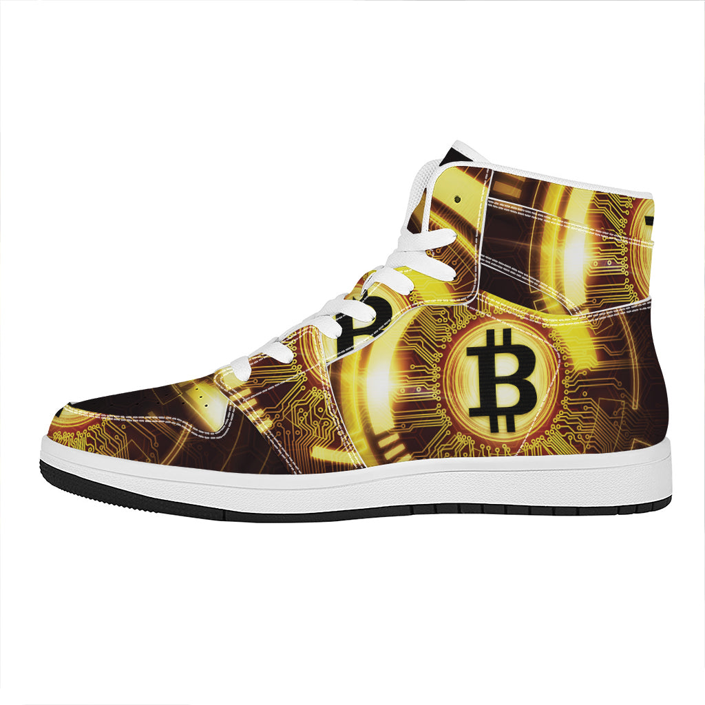 Bitcoin Crypto Symbol Print High Top Leather Sneakers