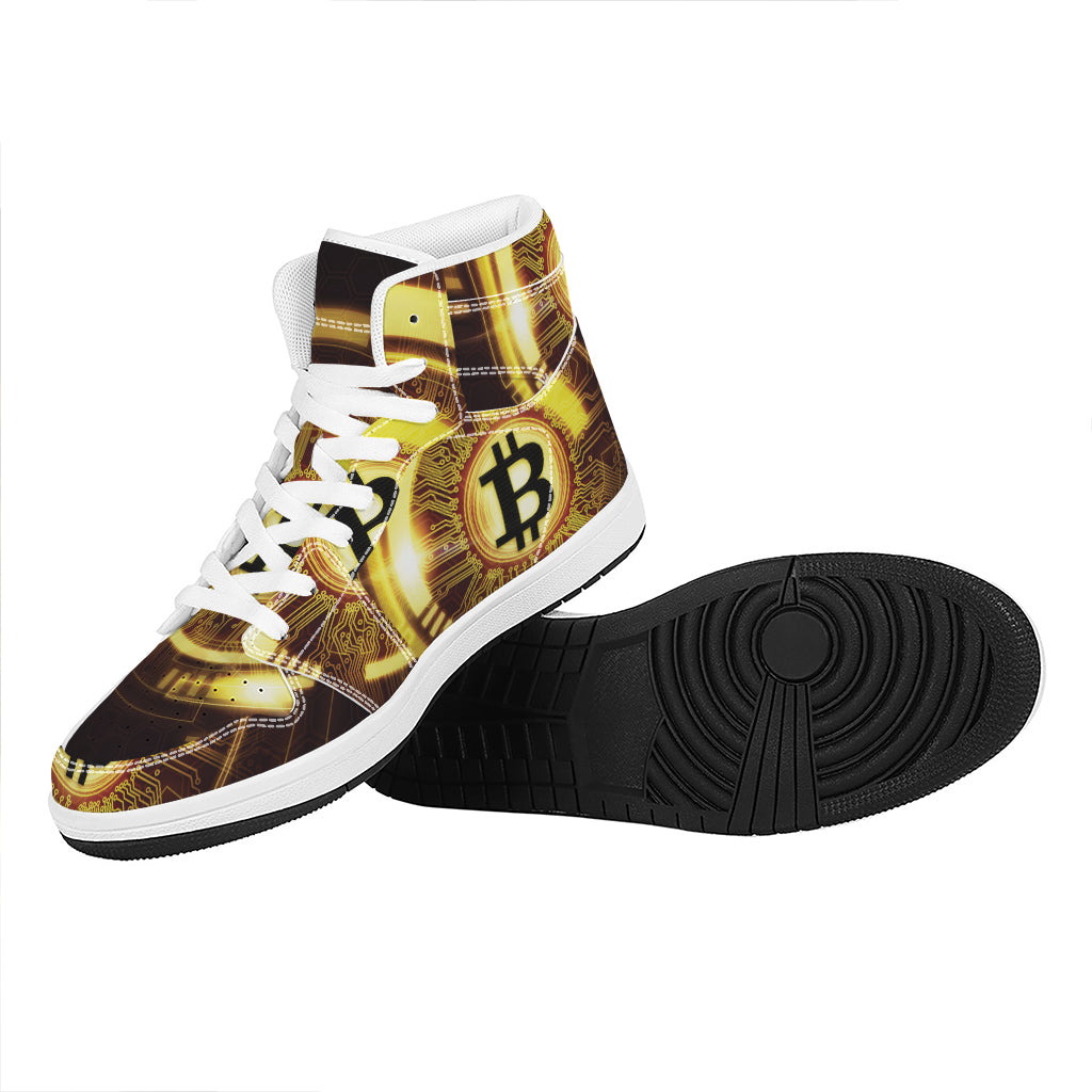 Bitcoin Crypto Symbol Print High Top Leather Sneakers
