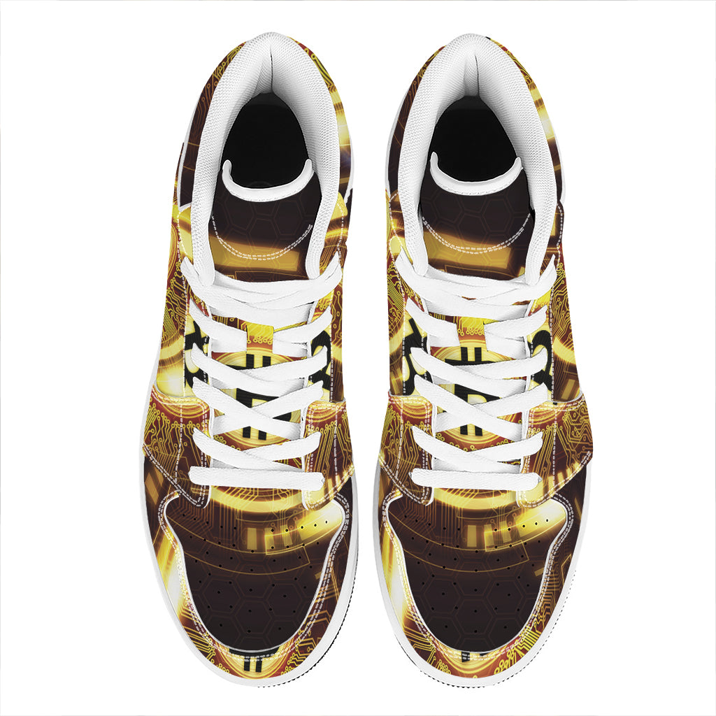 Bitcoin Crypto Symbol Print High Top Leather Sneakers