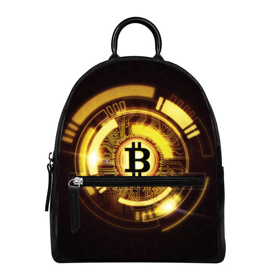 Bitcoin Crypto Symbol Print Leather Backpack