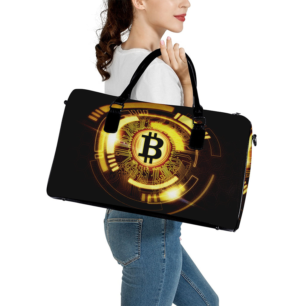 Bitcoin Crypto Symbol Print Leather Duffle Bag