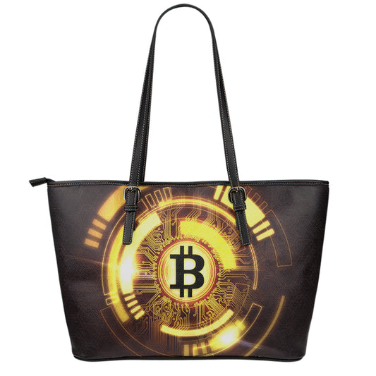 Bitcoin Crypto Symbol Print Leather Tote Bag