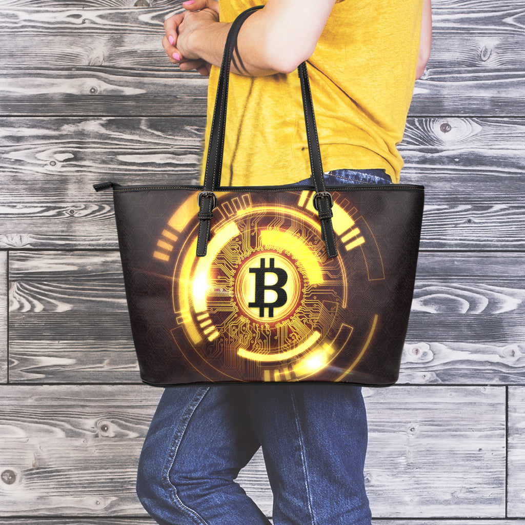 Bitcoin Crypto Symbol Print Leather Tote Bag