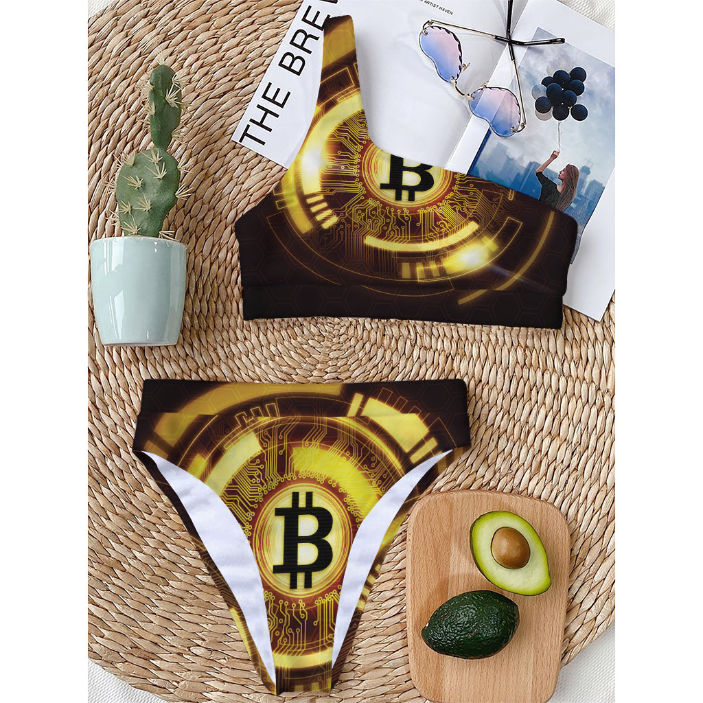 Bitcoin Crypto Symbol Print One Shoulder Bikini Top