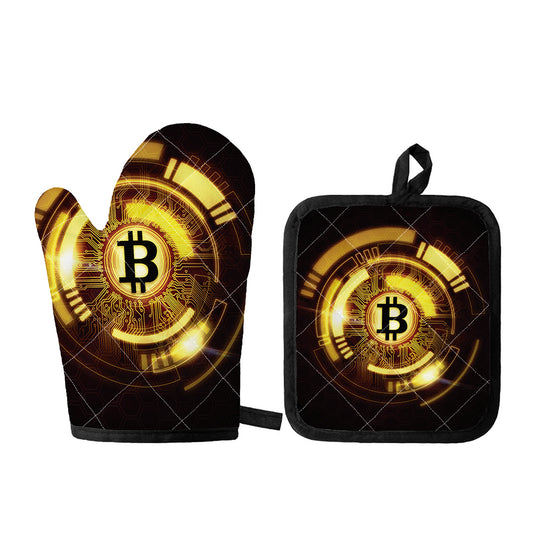 Bitcoin Crypto Symbol Print Oven Mitt And Pot Holder Set