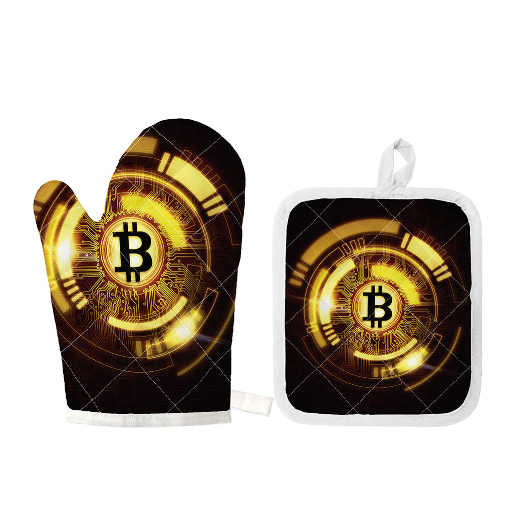 Bitcoin Crypto Symbol Print Oven Mitt And Pot Holder Set