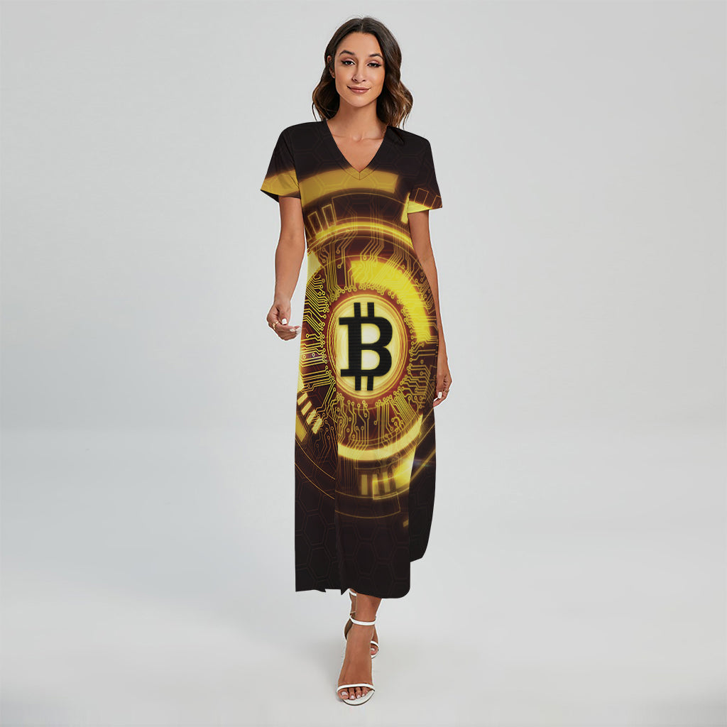 Bitcoin Crypto Symbol Print Short Sleeve Maxi Dress