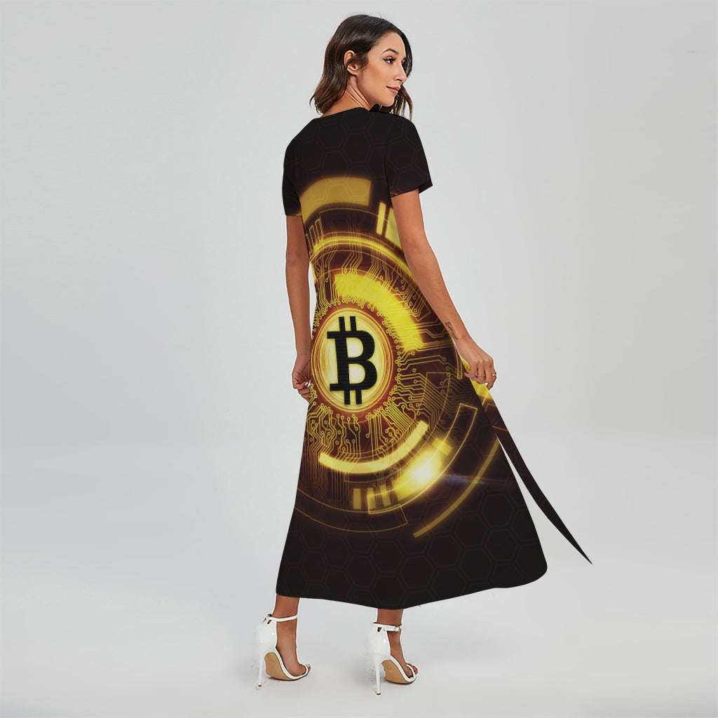 Bitcoin Crypto Symbol Print Short Sleeve Maxi Dress