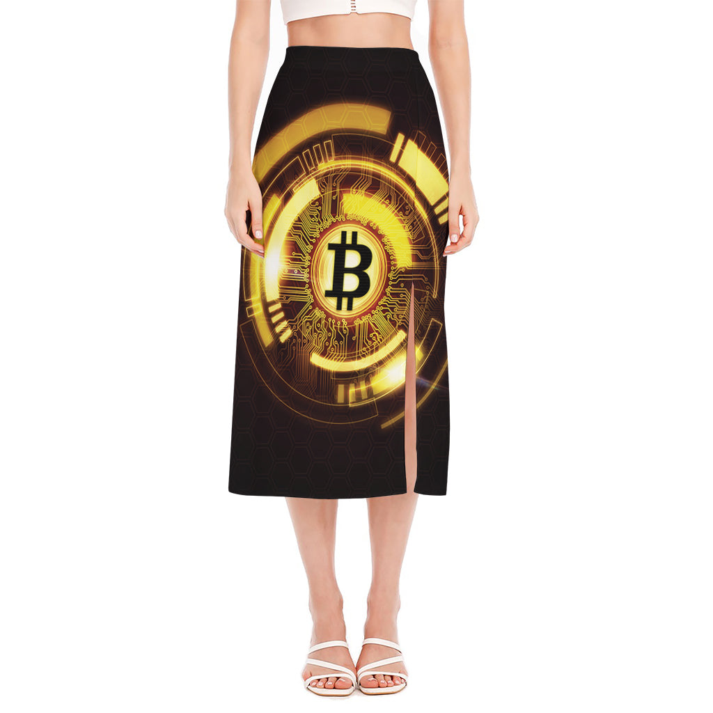 Bitcoin Crypto Symbol Print Side Slit Midi Skirt