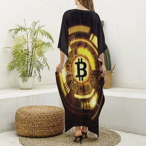 Bitcoin Crypto Symbol Print Silk V-Neck Kaftan Dress