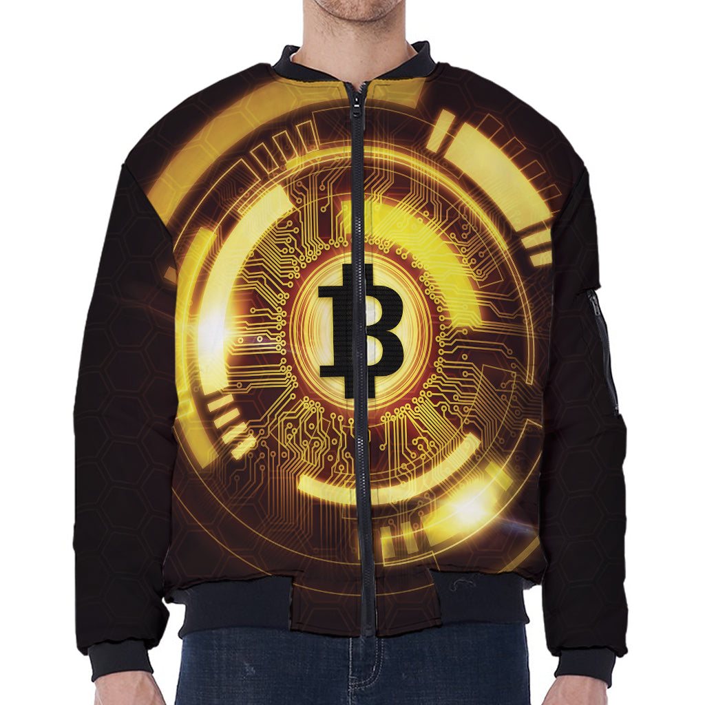 Bitcoin Crypto Symbol Print Zip Sleeve Bomber Jacket
