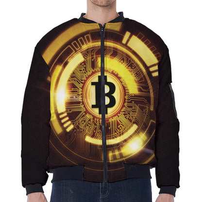 Bitcoin Crypto Symbol Print Zip Sleeve Bomber Jacket