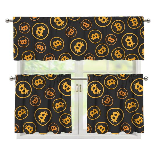 Bitcoin Cryptocurrency Pattern Print 3 Piece Kitchen Curtains