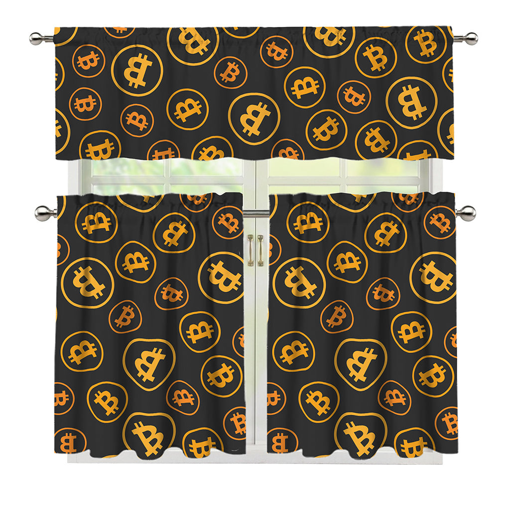 Bitcoin Cryptocurrency Pattern Print 3 Piece Kitchen Curtains