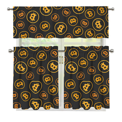 Bitcoin Cryptocurrency Pattern Print 3 Piece Kitchen Curtains