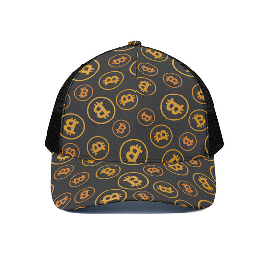 Bitcoin Cryptocurrency Pattern Print Black Mesh Trucker Cap