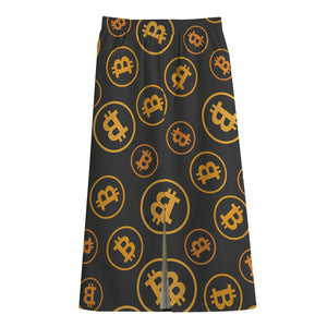 Bitcoin Cryptocurrency Pattern Print Cotton Front Slit Maxi Skirt