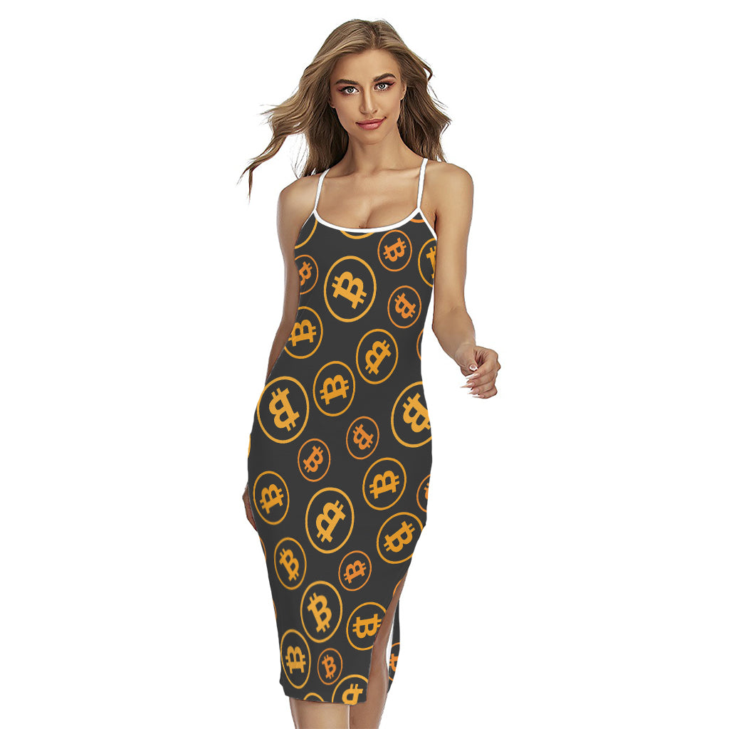 Bitcoin Cryptocurrency Pattern Print Cross Back Cami Dress