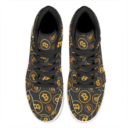 Bitcoin Cryptocurrency Pattern Print High Top Leather Sneakers