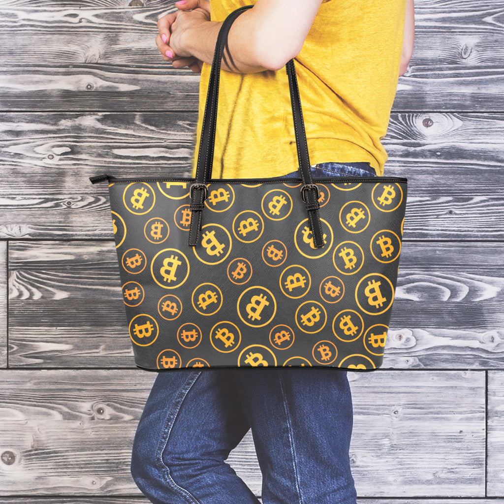 Bitcoin Cryptocurrency Pattern Print Leather Tote Bag