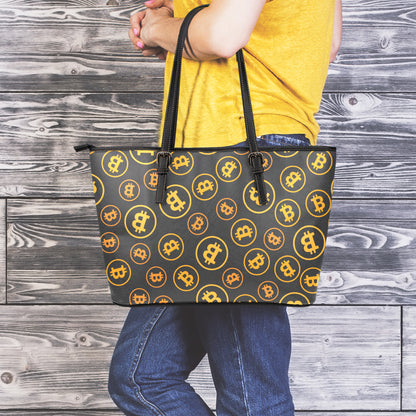 Bitcoin Cryptocurrency Pattern Print Leather Tote Bag