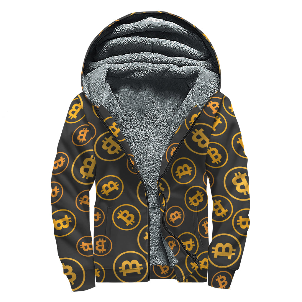 Bitcoin Cryptocurrency Pattern Print Sherpa Lined Zip Up Hoodie