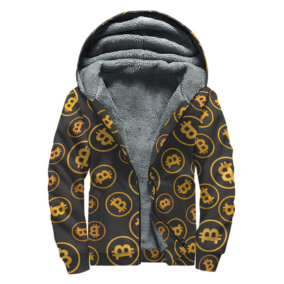 Bitcoin Cryptocurrency Pattern Print Sherpa Lined Zip Up Hoodie
