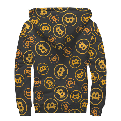 Bitcoin Cryptocurrency Pattern Print Sherpa Lined Zip Up Hoodie