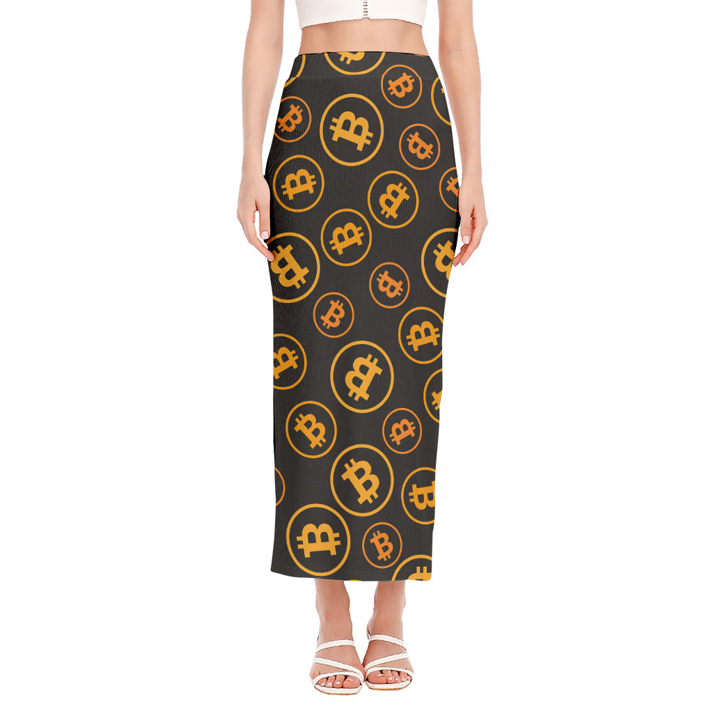 Bitcoin Cryptocurrency Pattern Print Side Slit Maxi Skirt