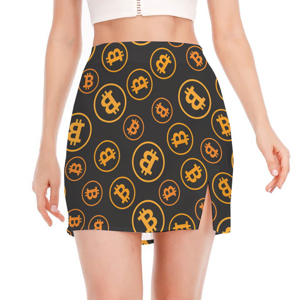 Bitcoin Cryptocurrency Pattern Print Side Slit Mini Skirt