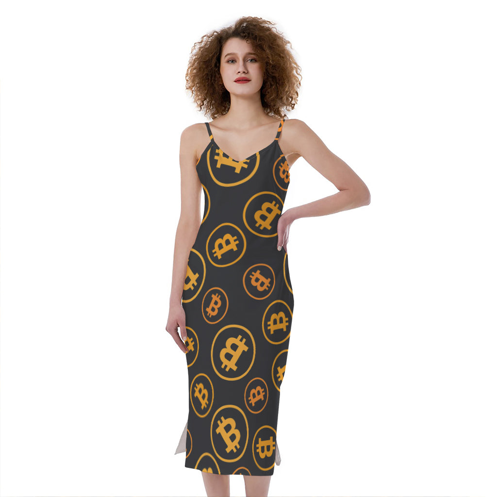 Bitcoin Cryptocurrency Pattern Print Slim Fit Midi Cami Dress