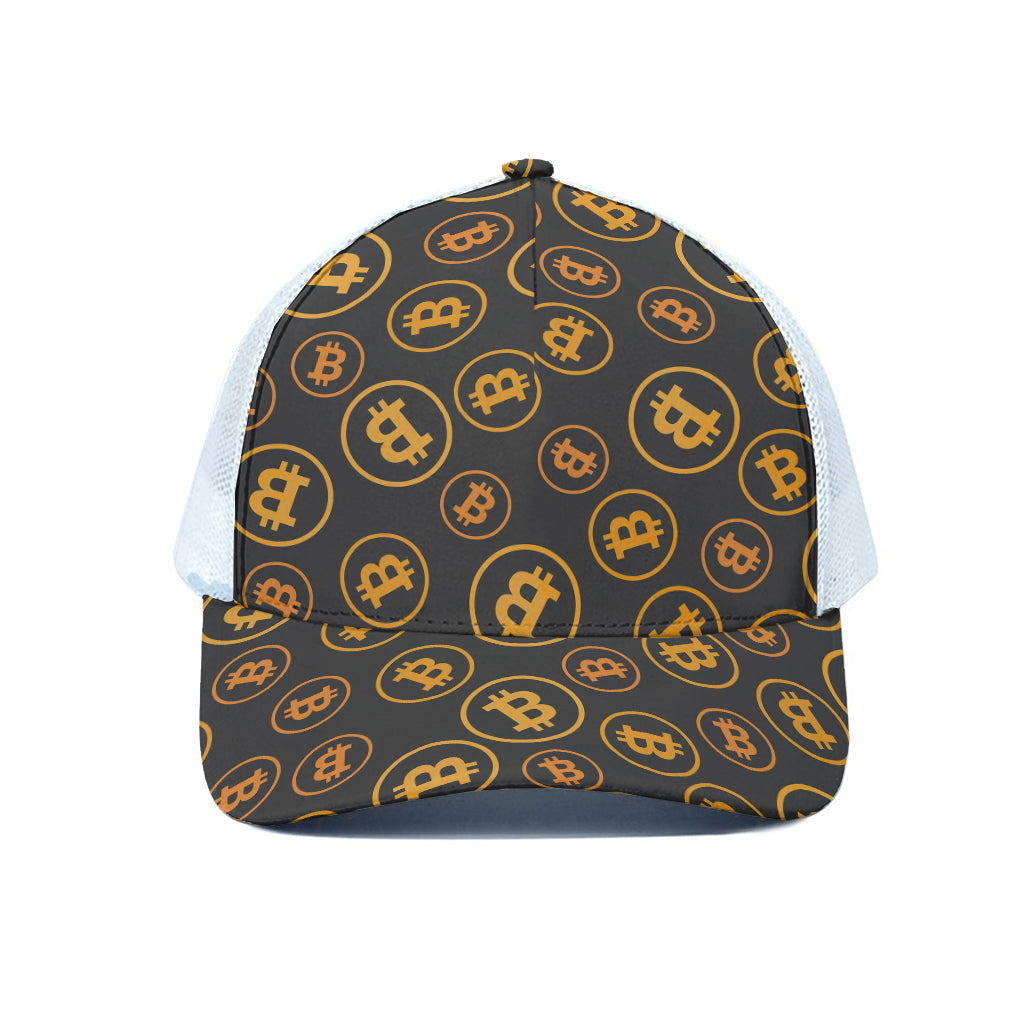 Bitcoin Cryptocurrency Pattern Print White Mesh Trucker Cap
