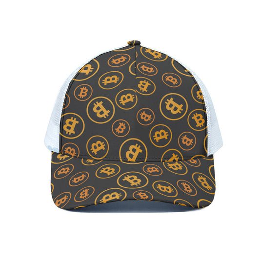 Bitcoin Cryptocurrency Pattern Print White Mesh Trucker Cap