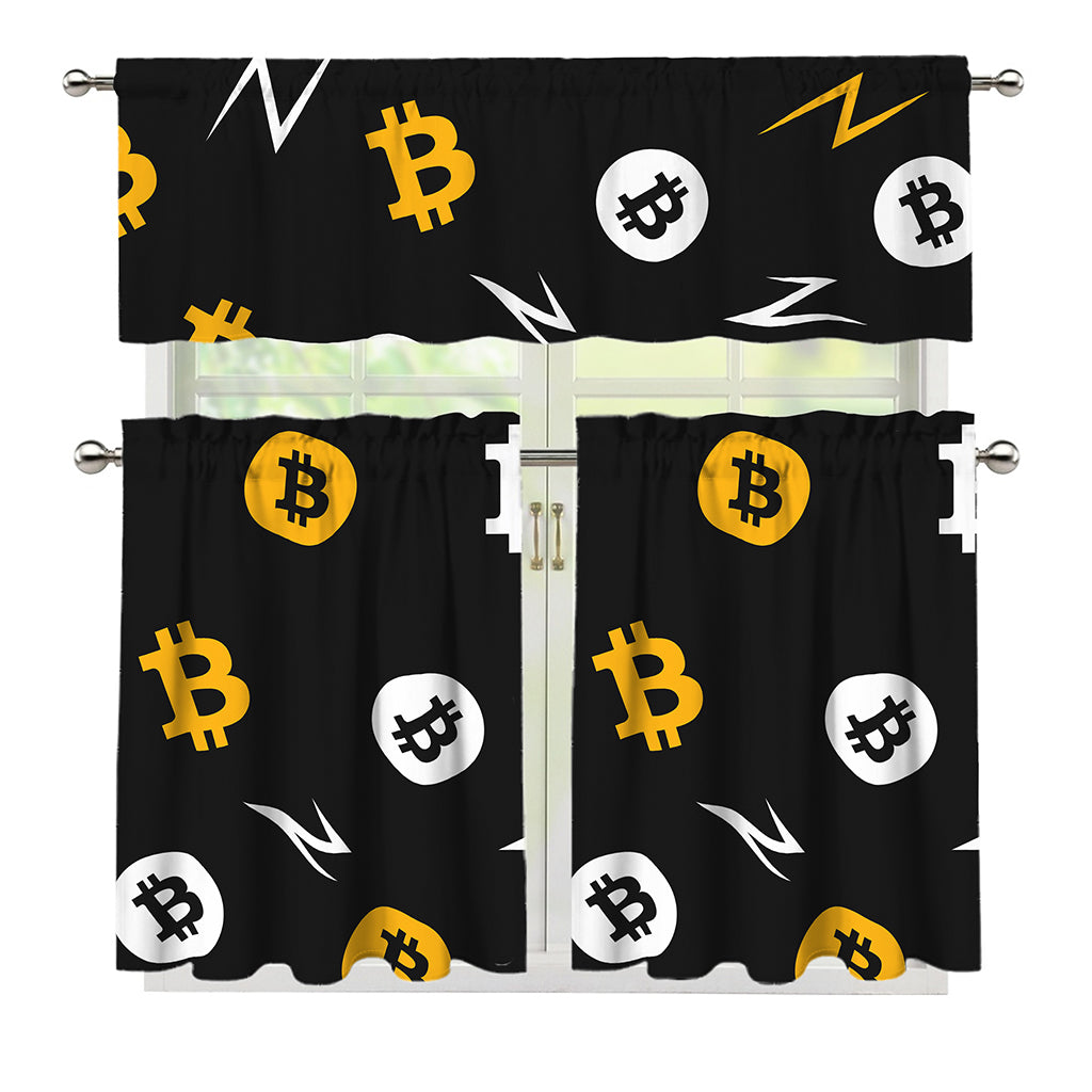 Bitcoin Symbol Pattern Print 3 Piece Kitchen Curtains
