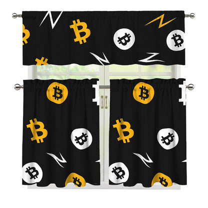 Bitcoin Symbol Pattern Print 3 Piece Kitchen Curtains