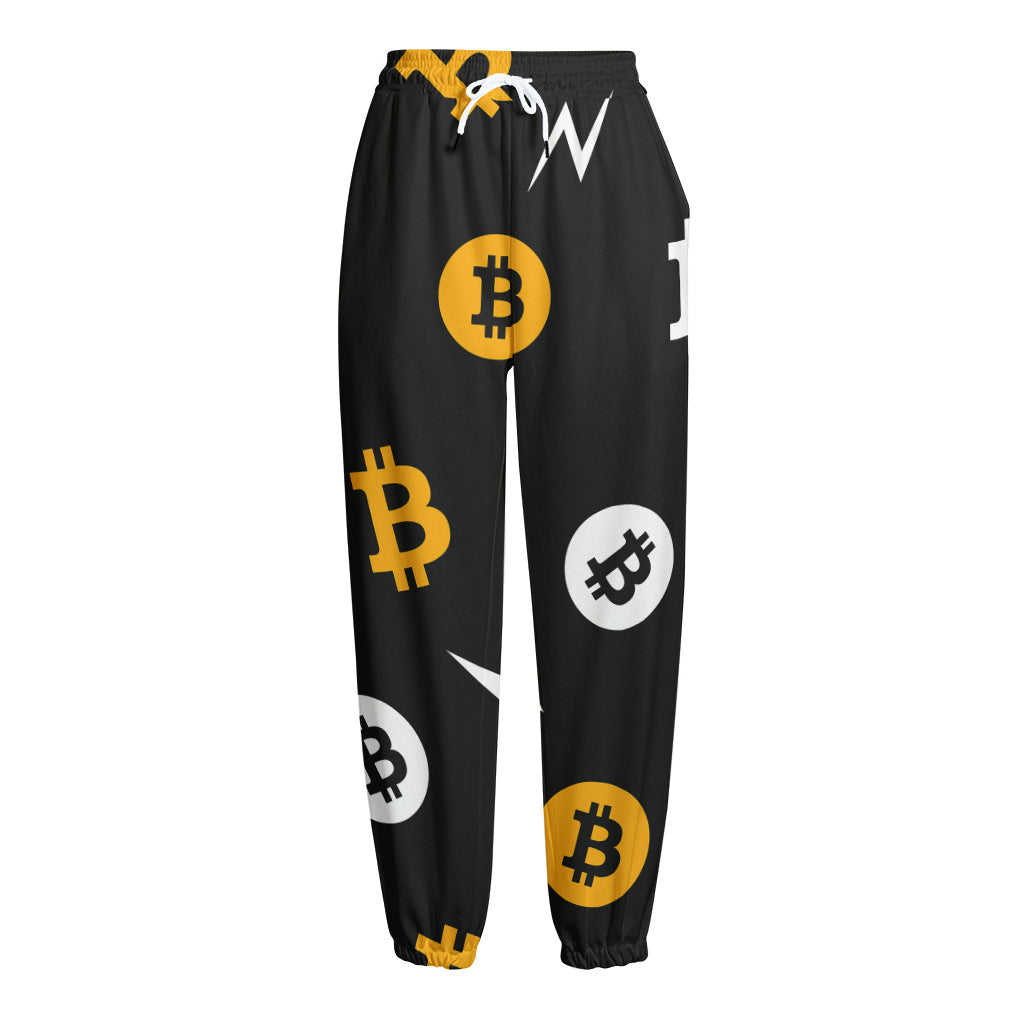 Bitcoin Symbol Pattern Print Fleece Lined Knit Pants