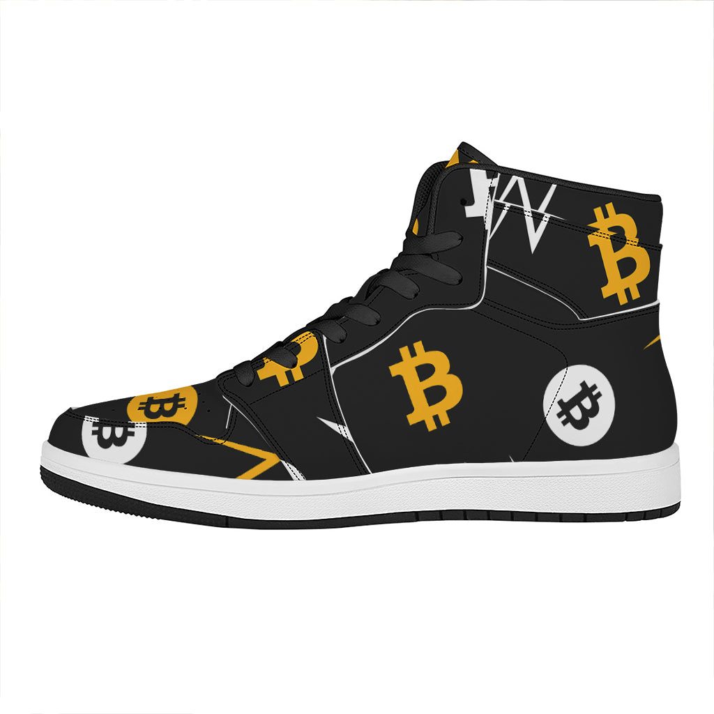 Bitcoin Symbol Pattern Print High Top Leather Sneakers