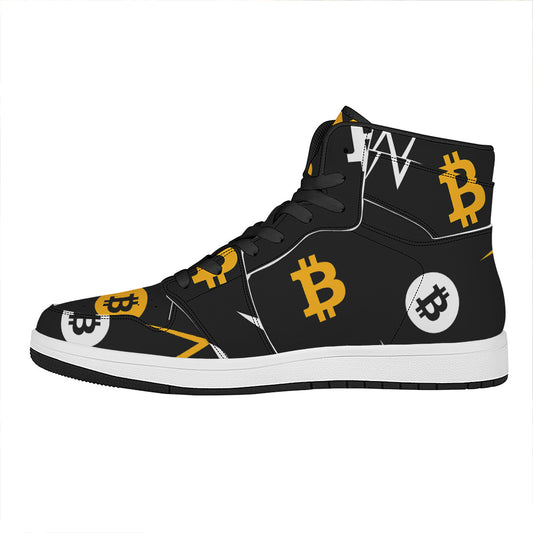Bitcoin Symbol Pattern Print High Top Leather Sneakers