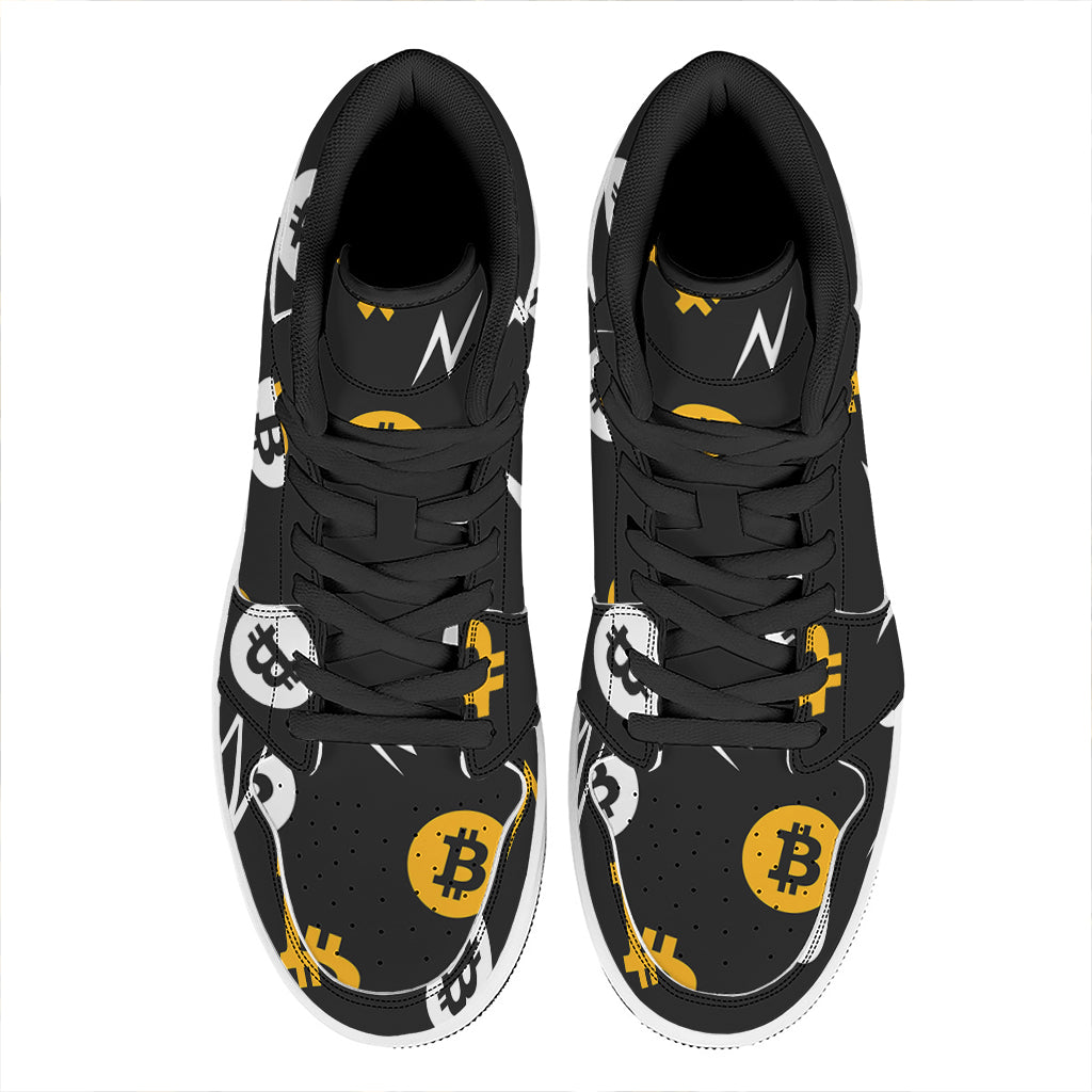 Bitcoin Symbol Pattern Print High Top Leather Sneakers