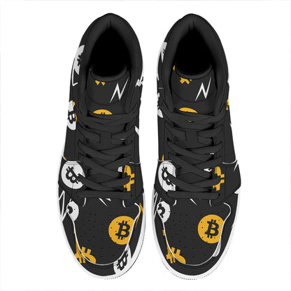 Bitcoin Symbol Pattern Print High Top Leather Sneakers