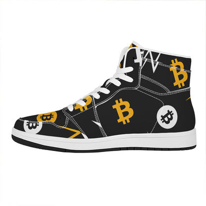 Bitcoin Symbol Pattern Print High Top Leather Sneakers