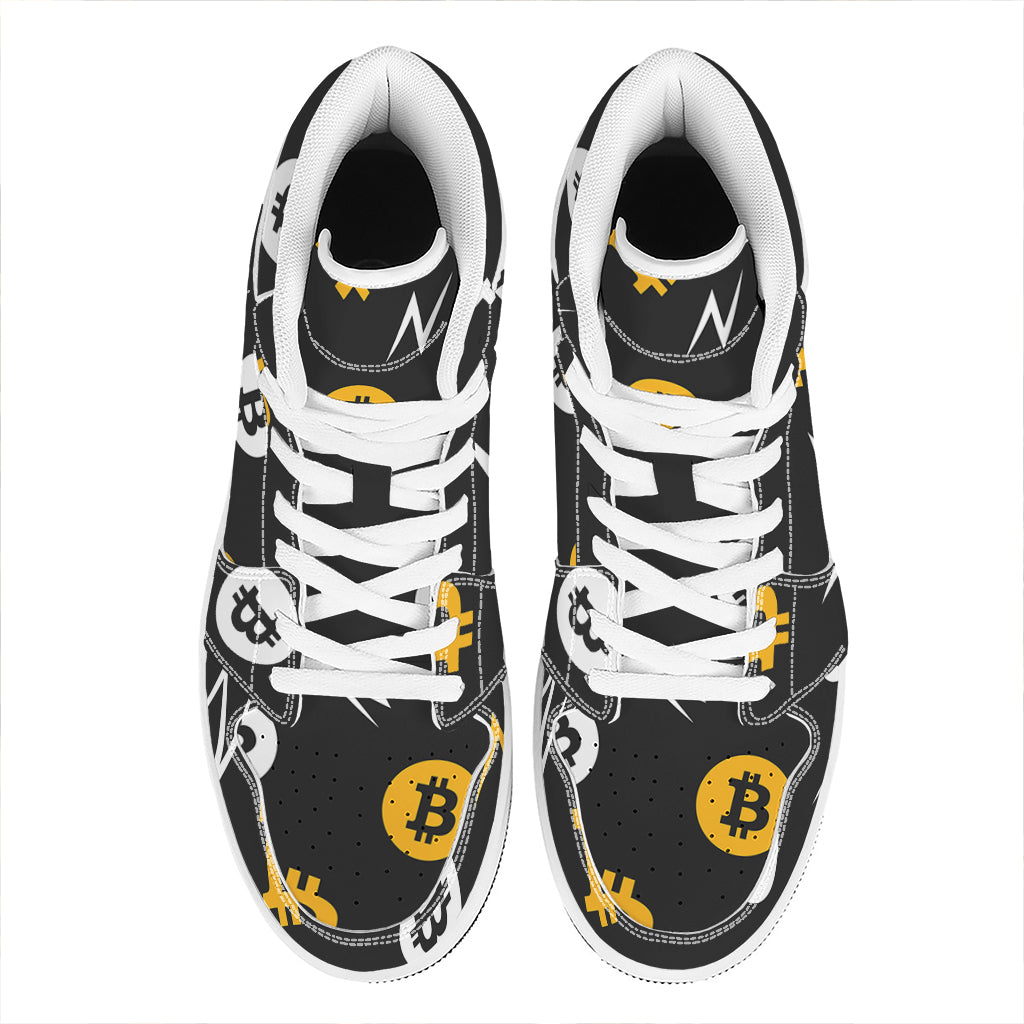 Bitcoin Symbol Pattern Print High Top Leather Sneakers
