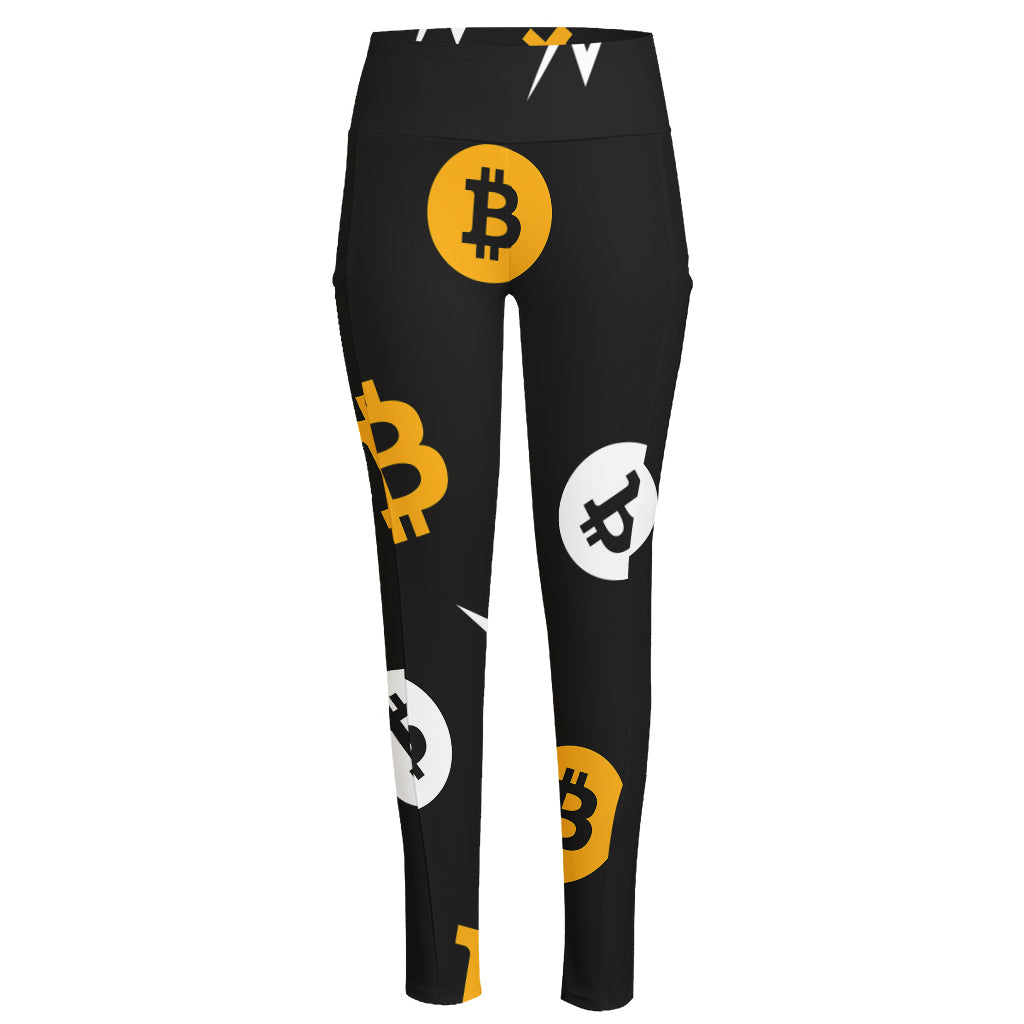 Bitcoin Symbol Pattern Print High-Waisted Pocket Leggings