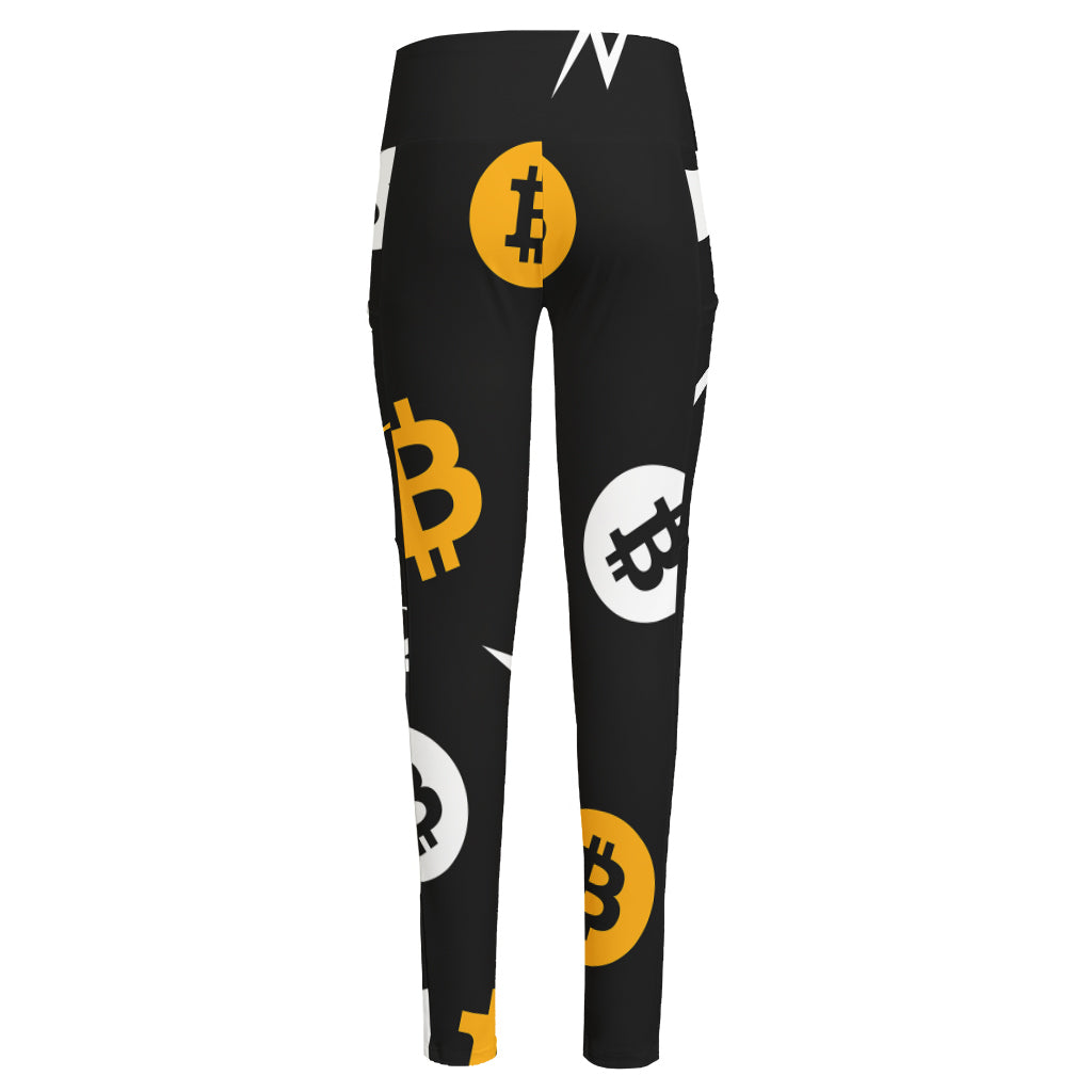 Bitcoin Symbol Pattern Print High-Waisted Pocket Leggings