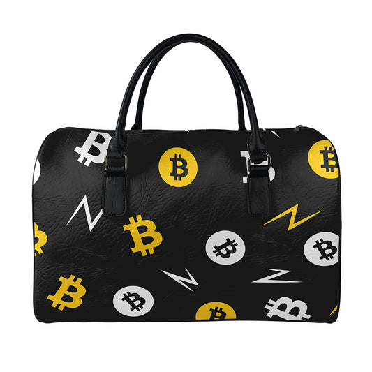 Bitcoin Symbol Pattern Print Leather Duffle Bag