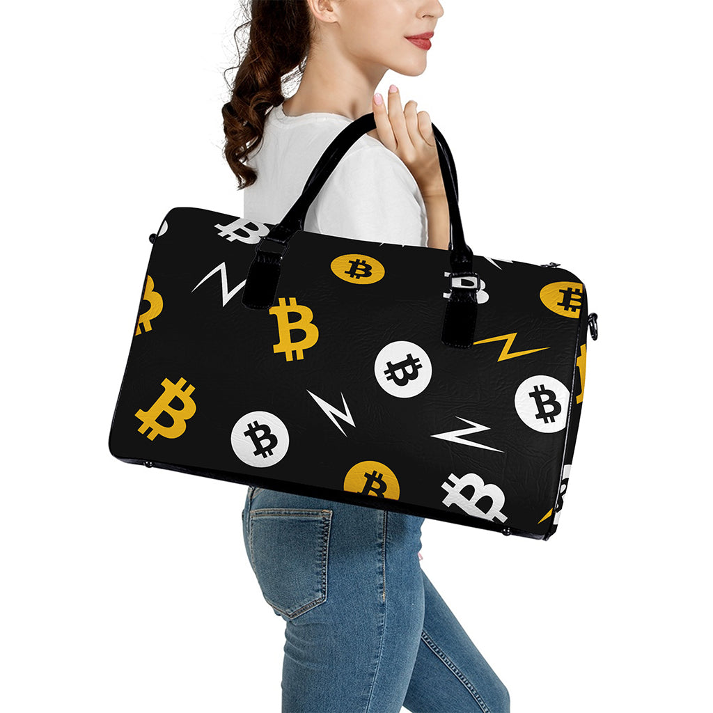 Bitcoin Symbol Pattern Print Leather Duffle Bag
